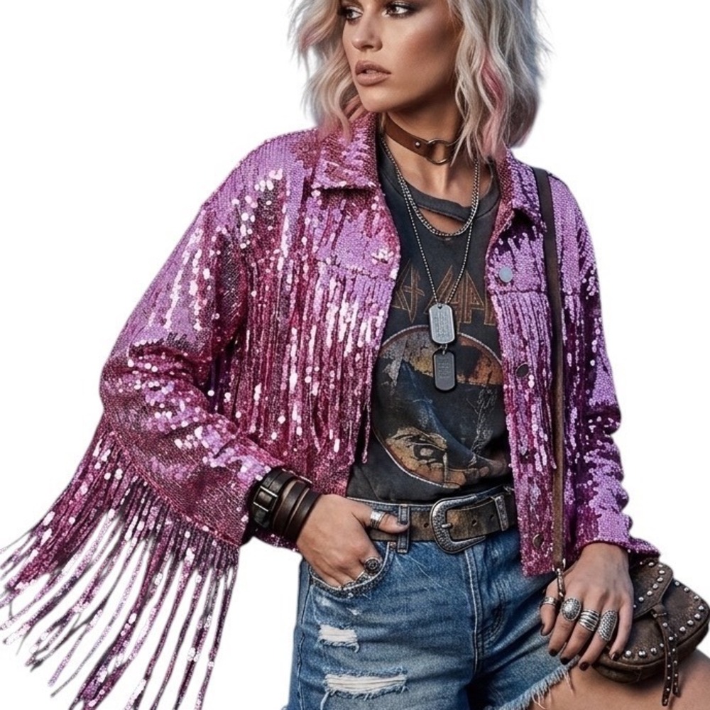 Dolls Kill Byee Women Magenta Pink Sequin Fringe Cropped Western Disco Jacket  M